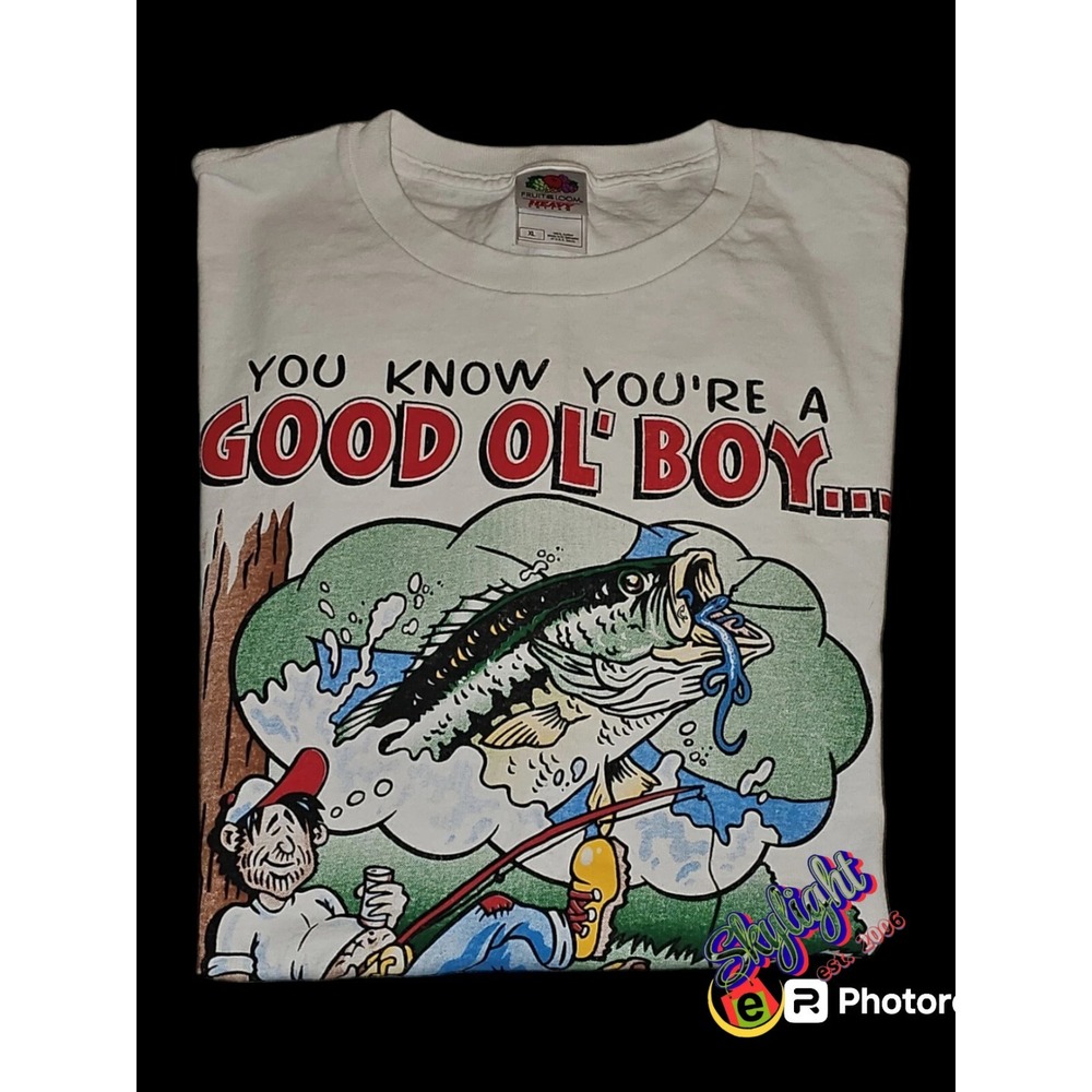 Tultex Vtg Mens White Your a Good Ol Boy Hillbilly Fishing T Shirt Size Xl 23x29